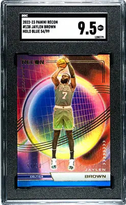 Graded Jaylen Brown basketball card from Panini Recon featuring holo blue design and SGC 9.5