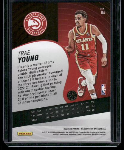 Back of a Trae Young 2022-23 Panini Revolution Basketball trading card showing card details
