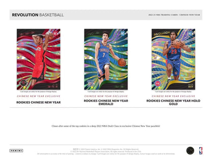 Three basketball trading cards from 2022-23 Panini Revolution Chinese New Year Hobby Box with randomly inserted rookie autographs and exclusive parallels
