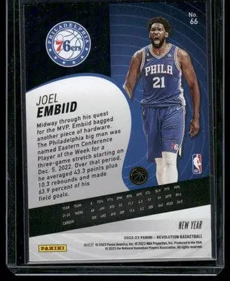 Back of a 2022-23 Joel Embiid Panini Revolution basketball trading card