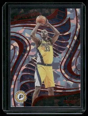 Basketball trading card featuring Myles Turner in yellow jersey from 2022-23 Panini Revolution