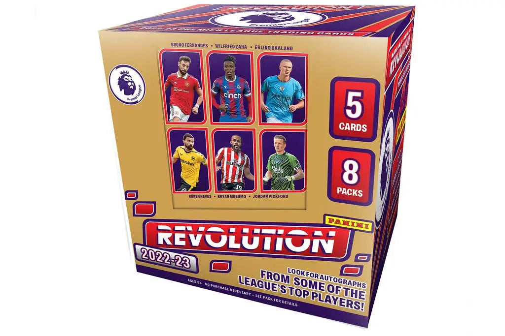 Box of Panini Revolution Soccer trading cards from the 2022-23 season featuring top players