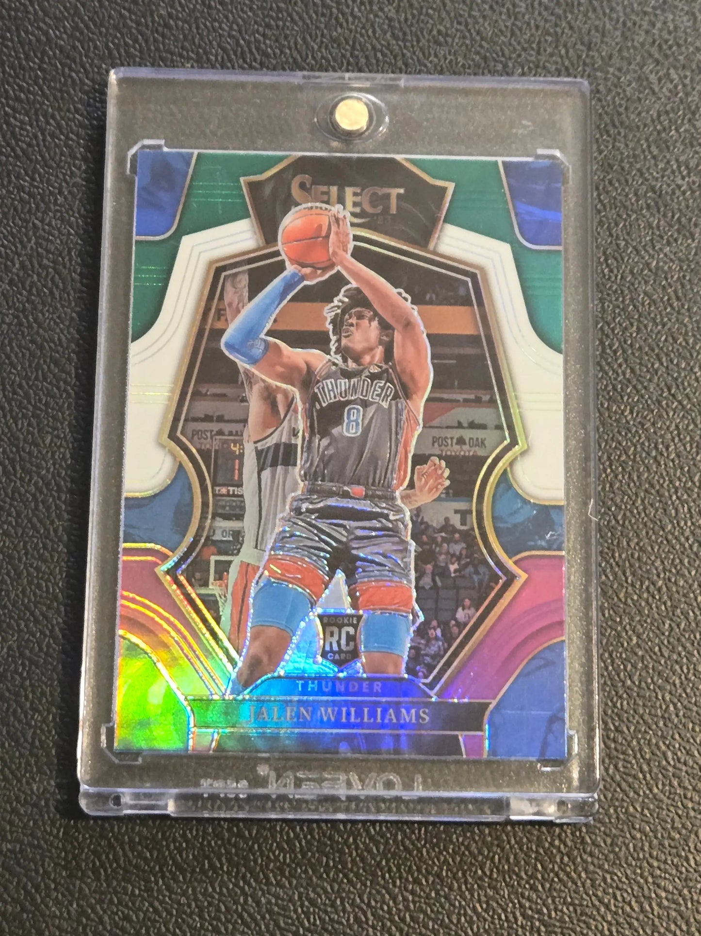 Basketball trading card of Jalen Williams Green White Purple Prizms in protective case