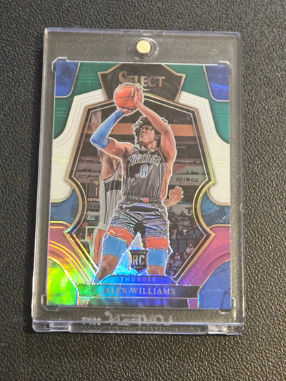 Basketball trading card of Jalen Williams Green White Purple Prizms in protective case