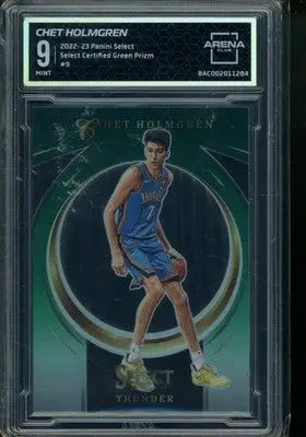 2023 Panini Select Certified Green Prizm Chet Holmgren basketball card in blue and white with gold accents
