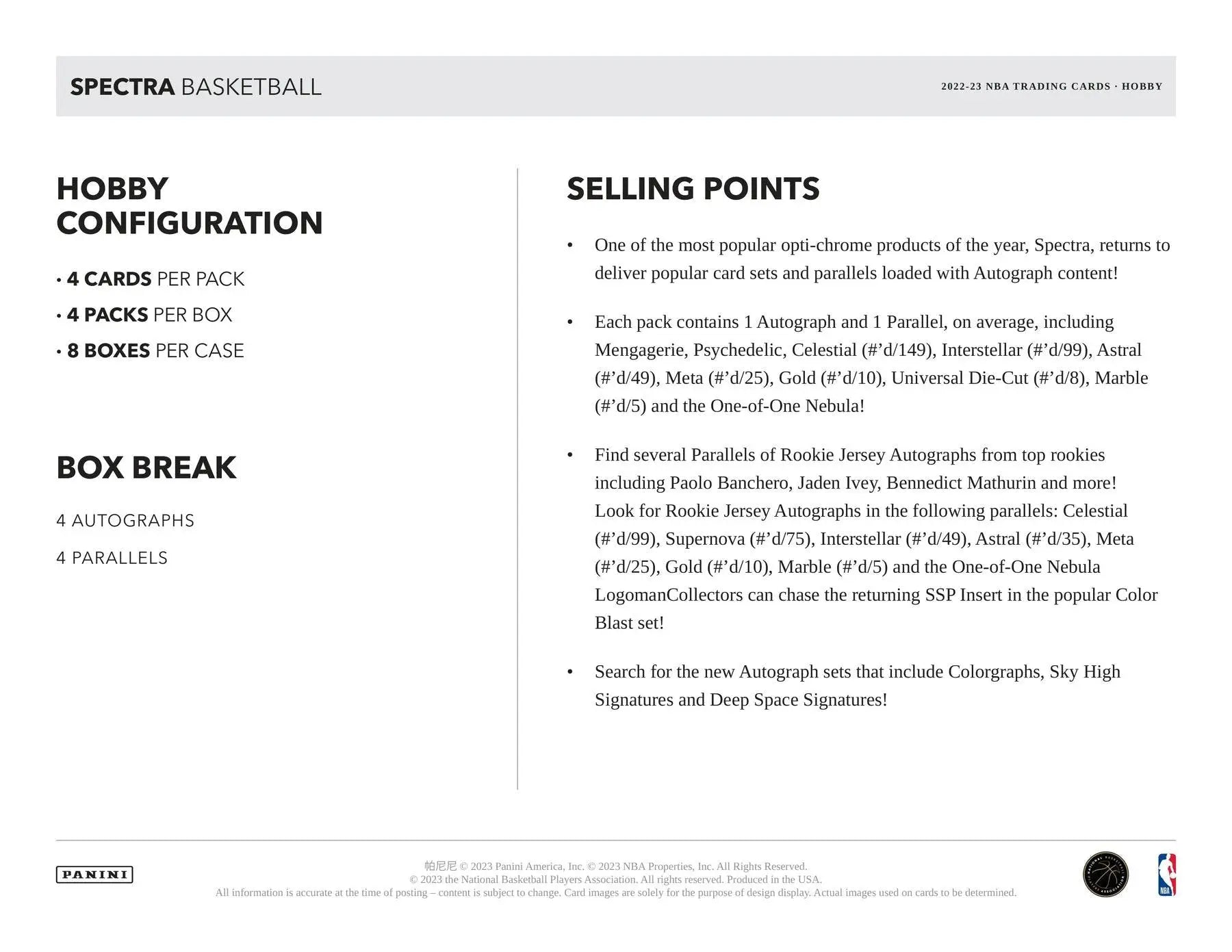 Spectra Basketball hobby box with deep space signatures and color blast inserts for Panini Spectra Basketball 2022-23