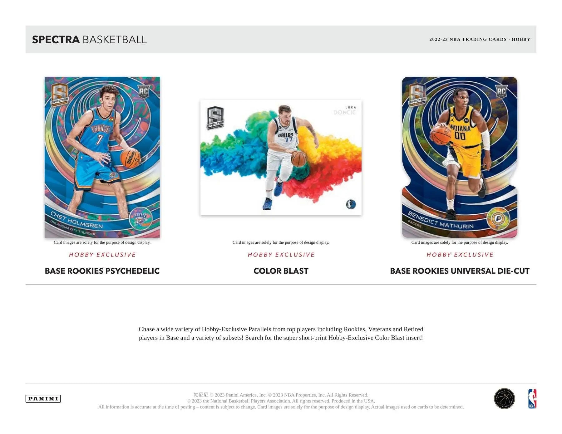 Spectra basketball cards from 2022-23 Panini Spectra Basketball Hobby Box featuring deep space signatures and color blast designs