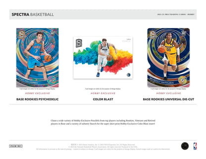 Spectra basketball cards from 2022-23 Panini Spectra Basketball Hobby Box featuring deep space signatures and color blast designs