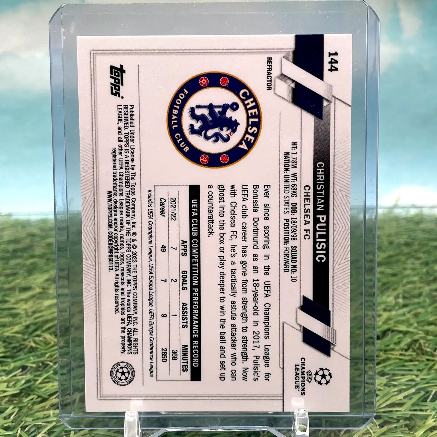 Christian Pulisic soccer card from 2022-23 Topps Chrome UEFA RC Silver Refractor Chelsea