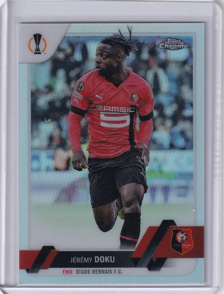 Soccer trading card of Jérémy Doku in red jersey, Topps Chrome UEFA Refractor