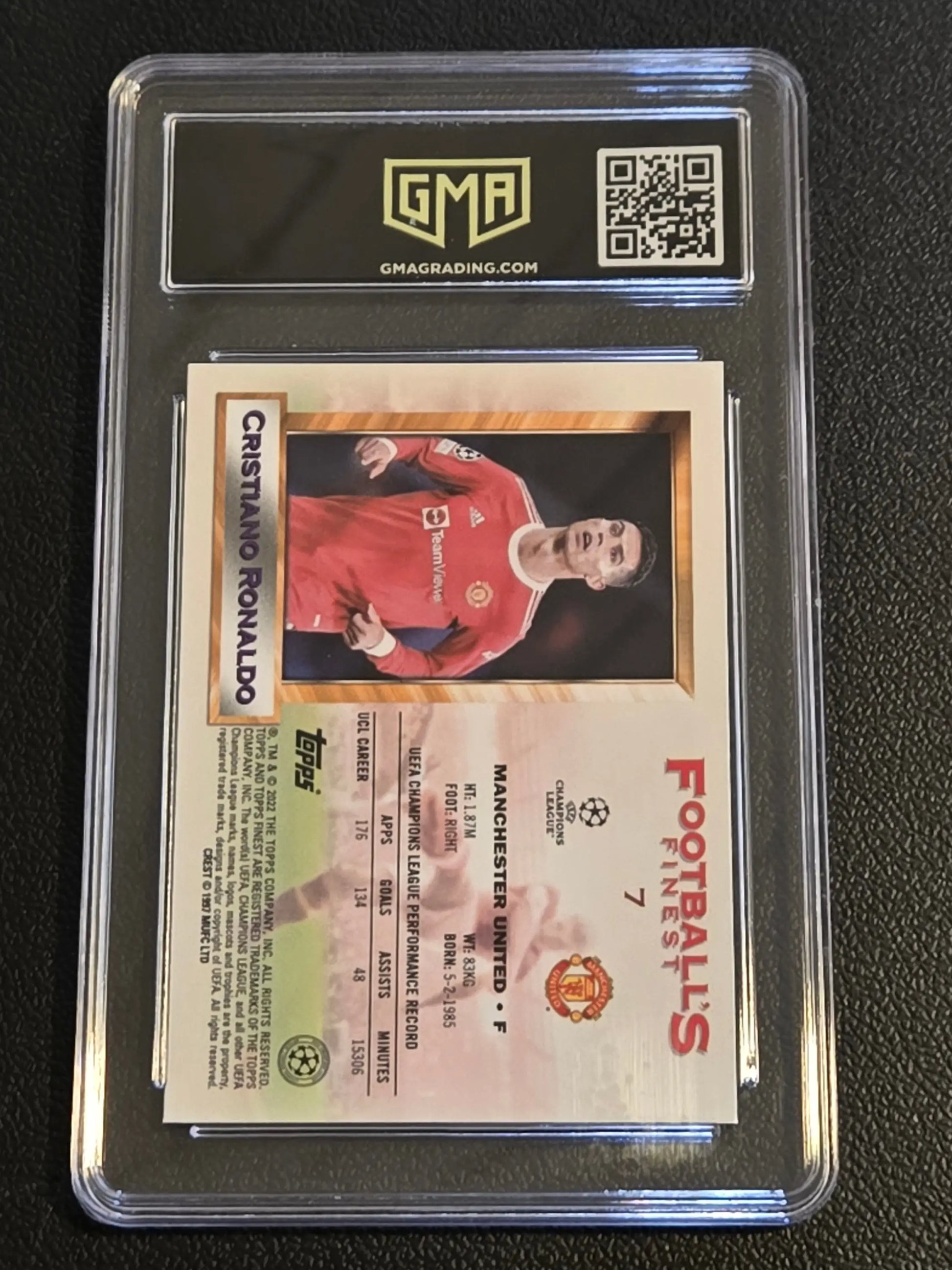 A graded Cristiano Ronaldo soccer card in protective case from 2022-23 Topps Finest Flashbacks UEFA