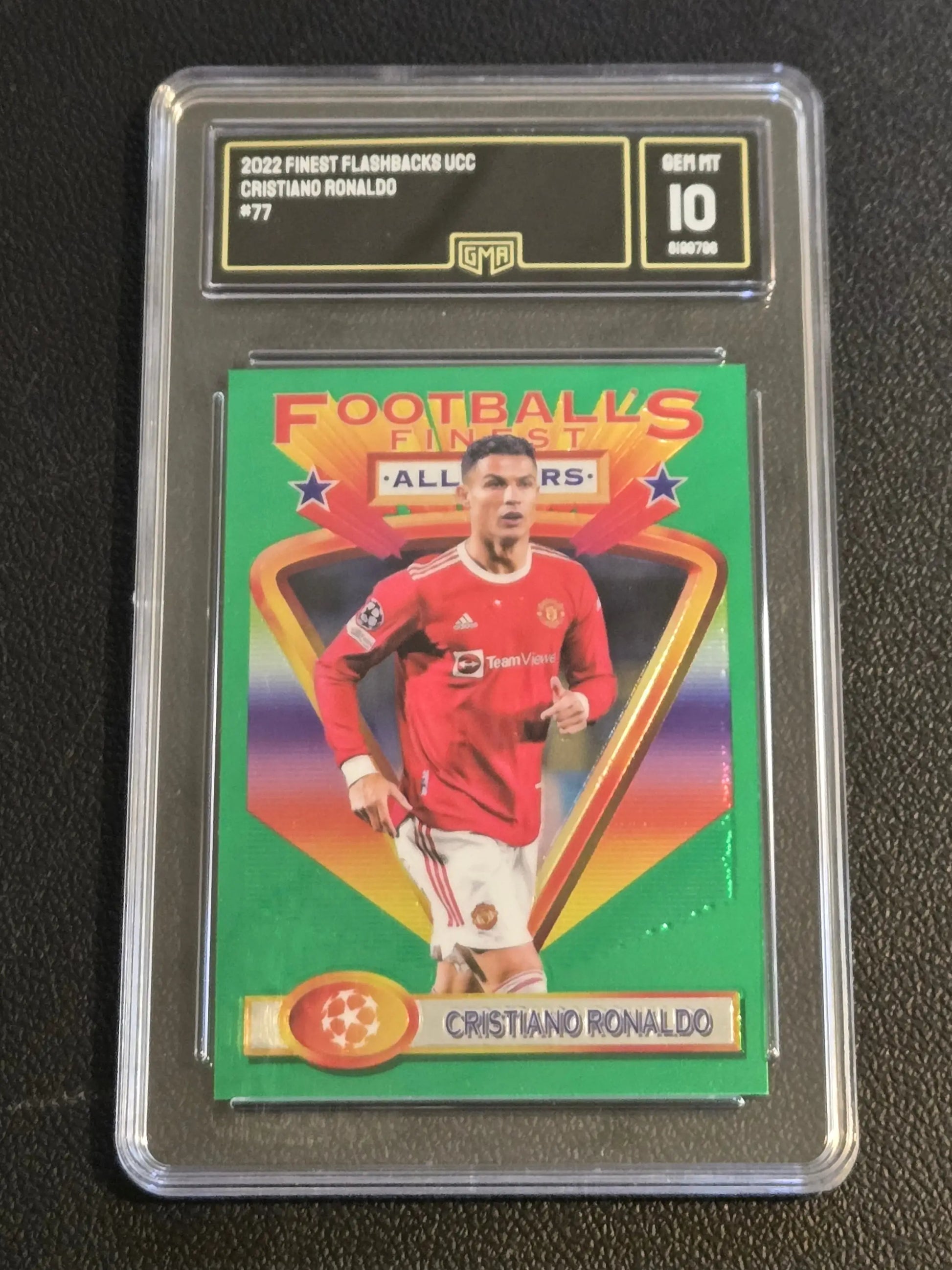 Graded Cristiano Ronaldo #77 football trading card from 2022-23 Topps Finest Flashbacks UEFA