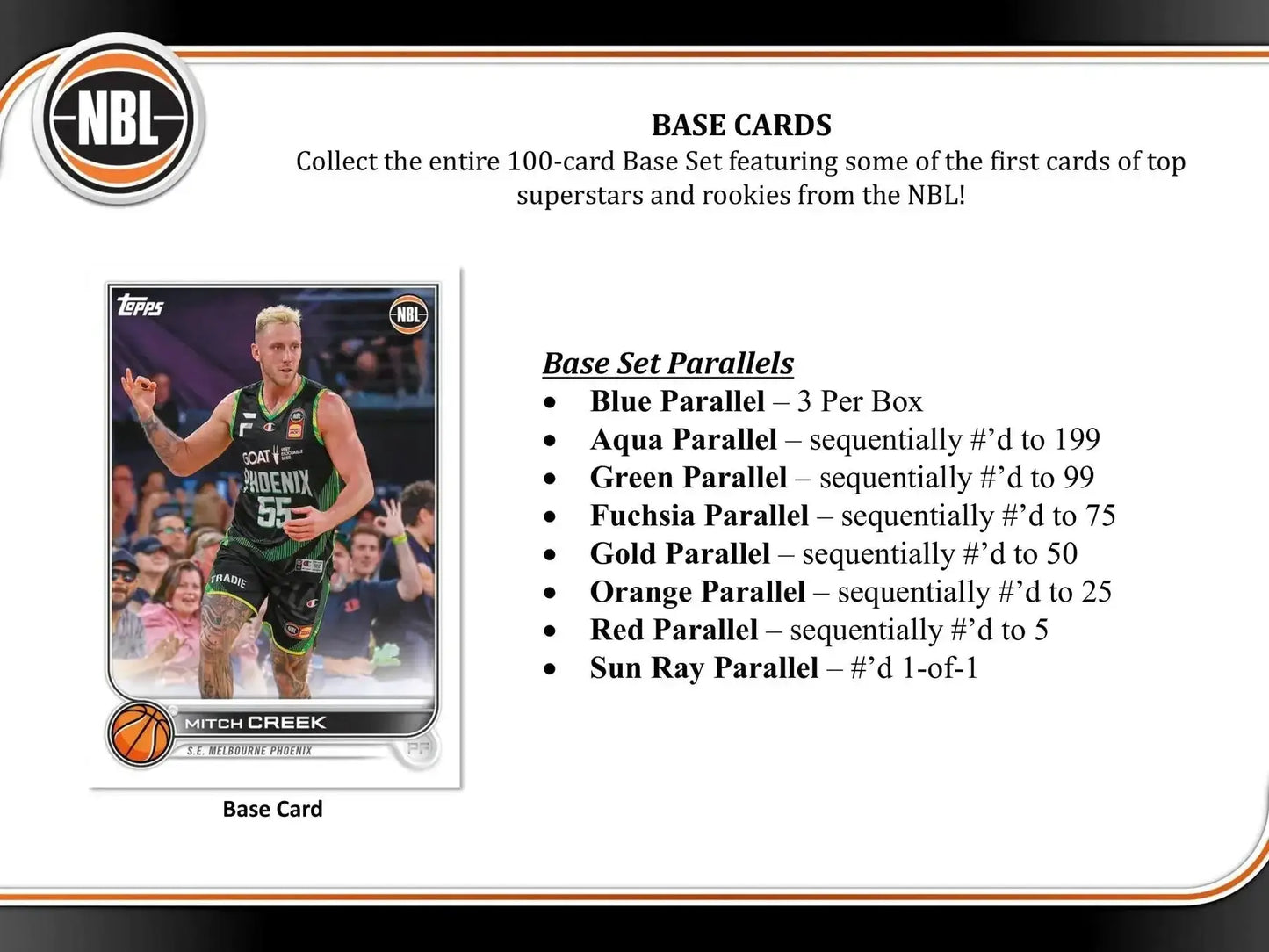 Basketball card information featuring Topps NBL Basketball 2022-23 gold parallel and sun ray parallel
