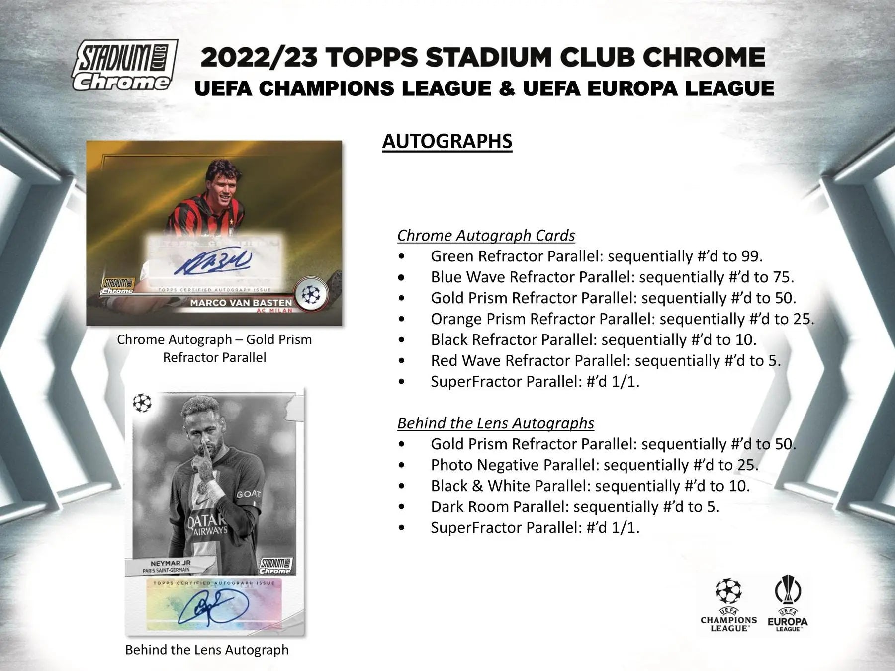 Sports card advertisement showing 2022-23 Topps Stadium Club Chrome UEFA Soccer wave refractor parallel