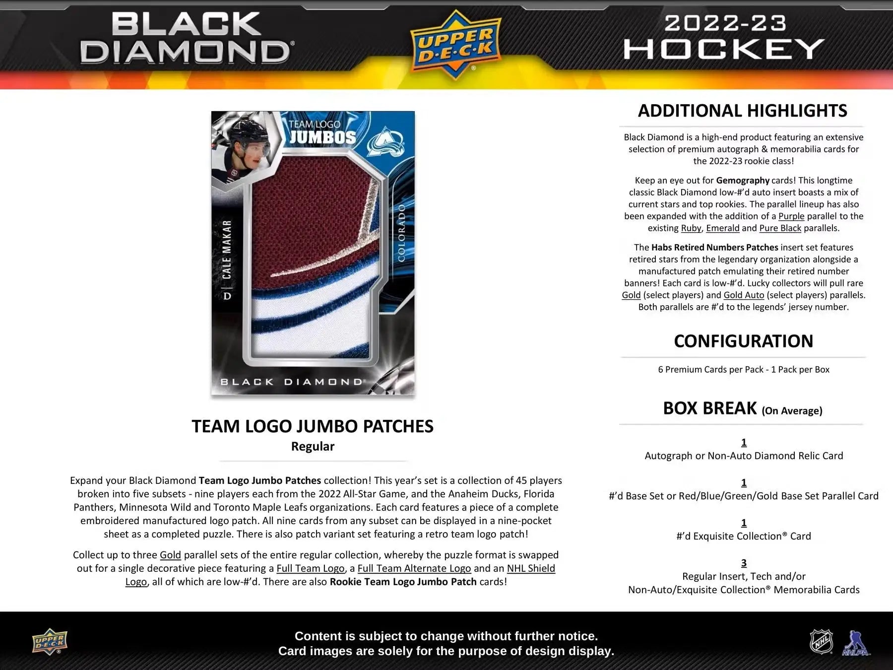 Black Diamond hockey card from the 2022-23 Upper Deck Black Diamond Hobby Box featuring a diamond relic rookies