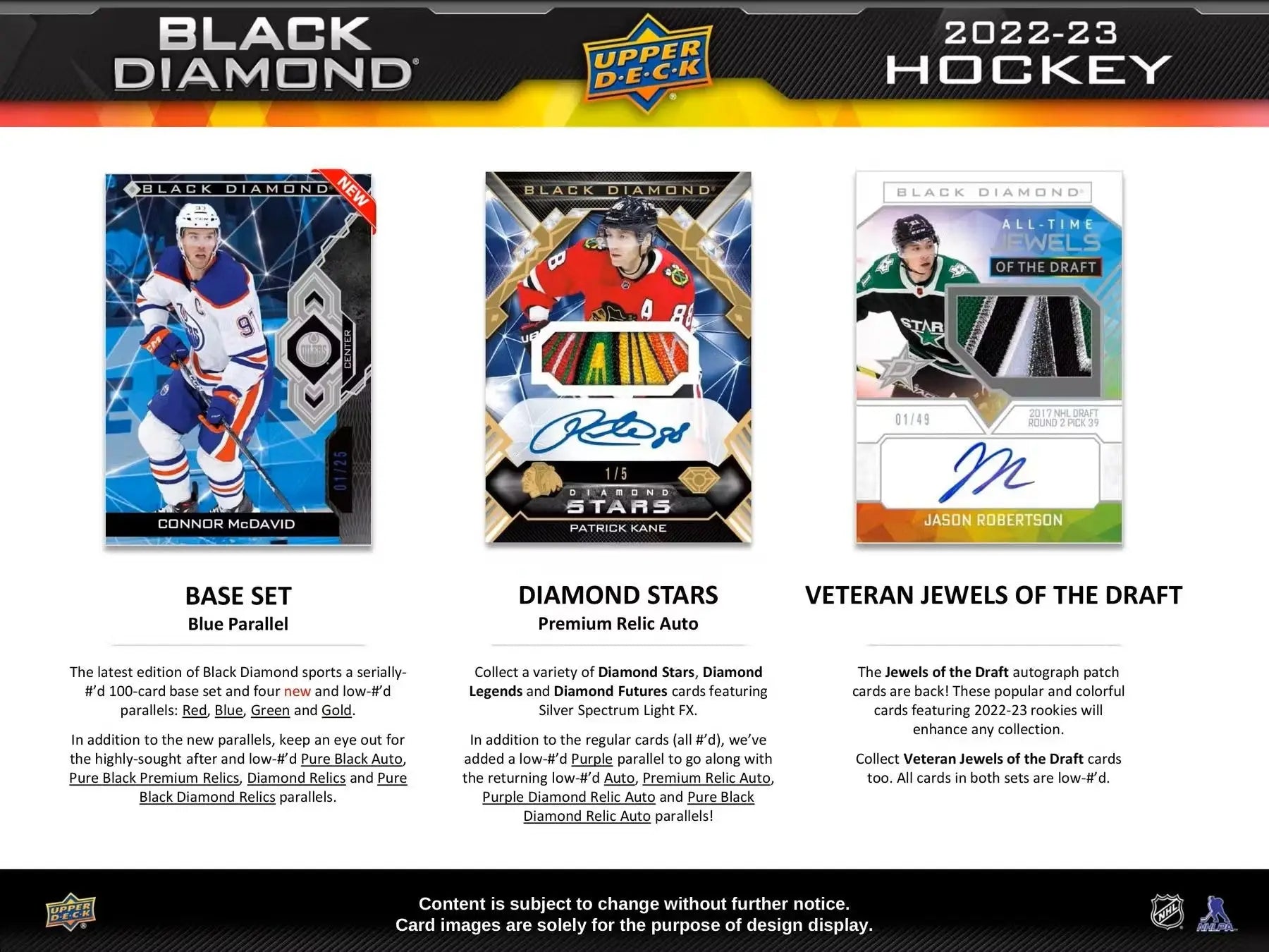 Hockey card advertisement featuring Diamond Relic Rookies from 2022-23 Upper Deck Black Diamond Hobby Box