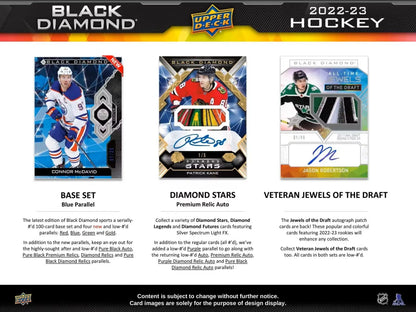 Hockey card advertisement featuring Diamond Relic Rookies from 2022-23 Upper Deck Black Diamond Hobby Box