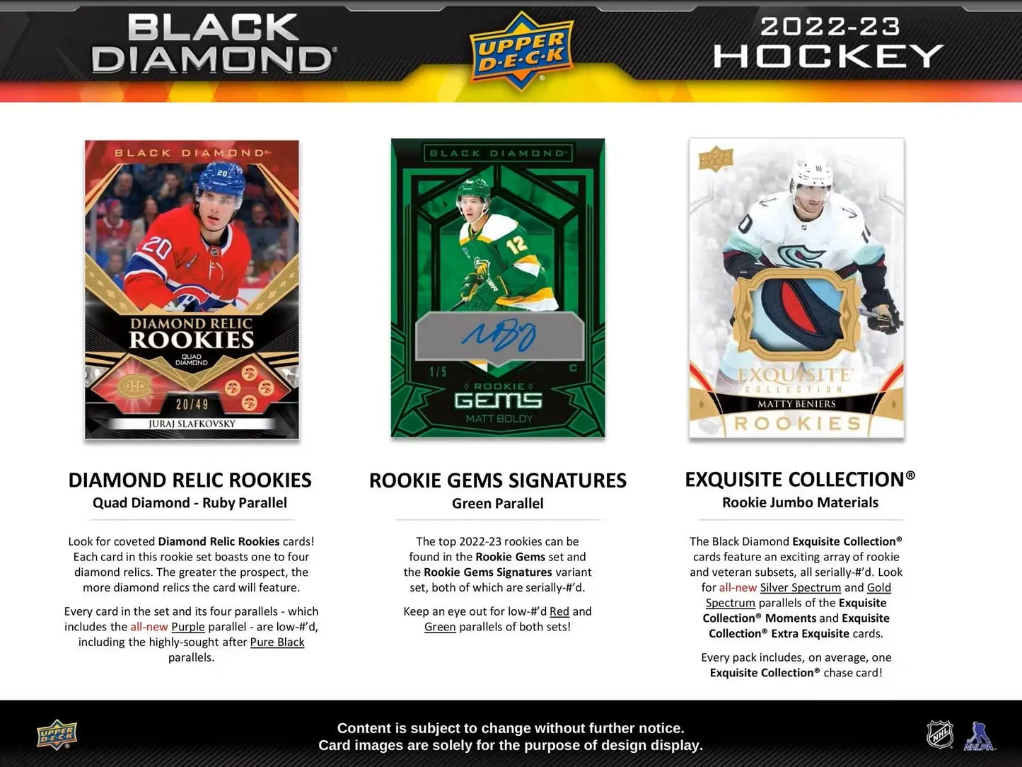 Hockey card product advertisement featuring 2022-23 Upper Deck Black Diamond Diamond Relic Rookies