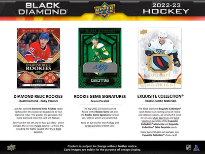 Hockey card product advertisement featuring 2022-23 Upper Deck Black Diamond Diamond Relic Rookies