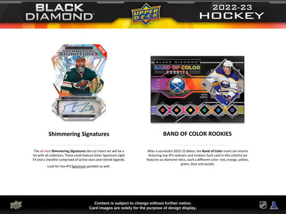 Hockey trading cards from the 2022-23 Upper Deck Black Diamond Hobby Box featuring diamond relics