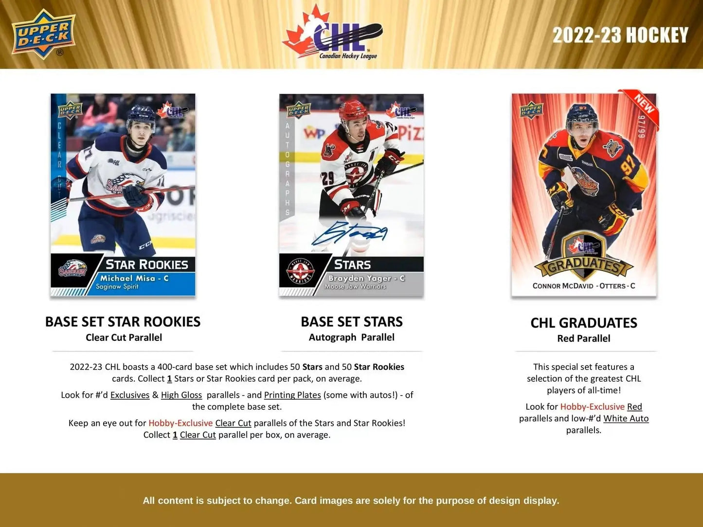 Hockey card product advertisement for 2022-23 Upper Deck CHL Hockey Hobby Box featuring star rookies and auto parallel