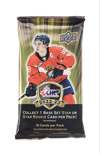 Pack of 2022-23 Upper Deck CHL hockey cards with star rookies and auto parallel