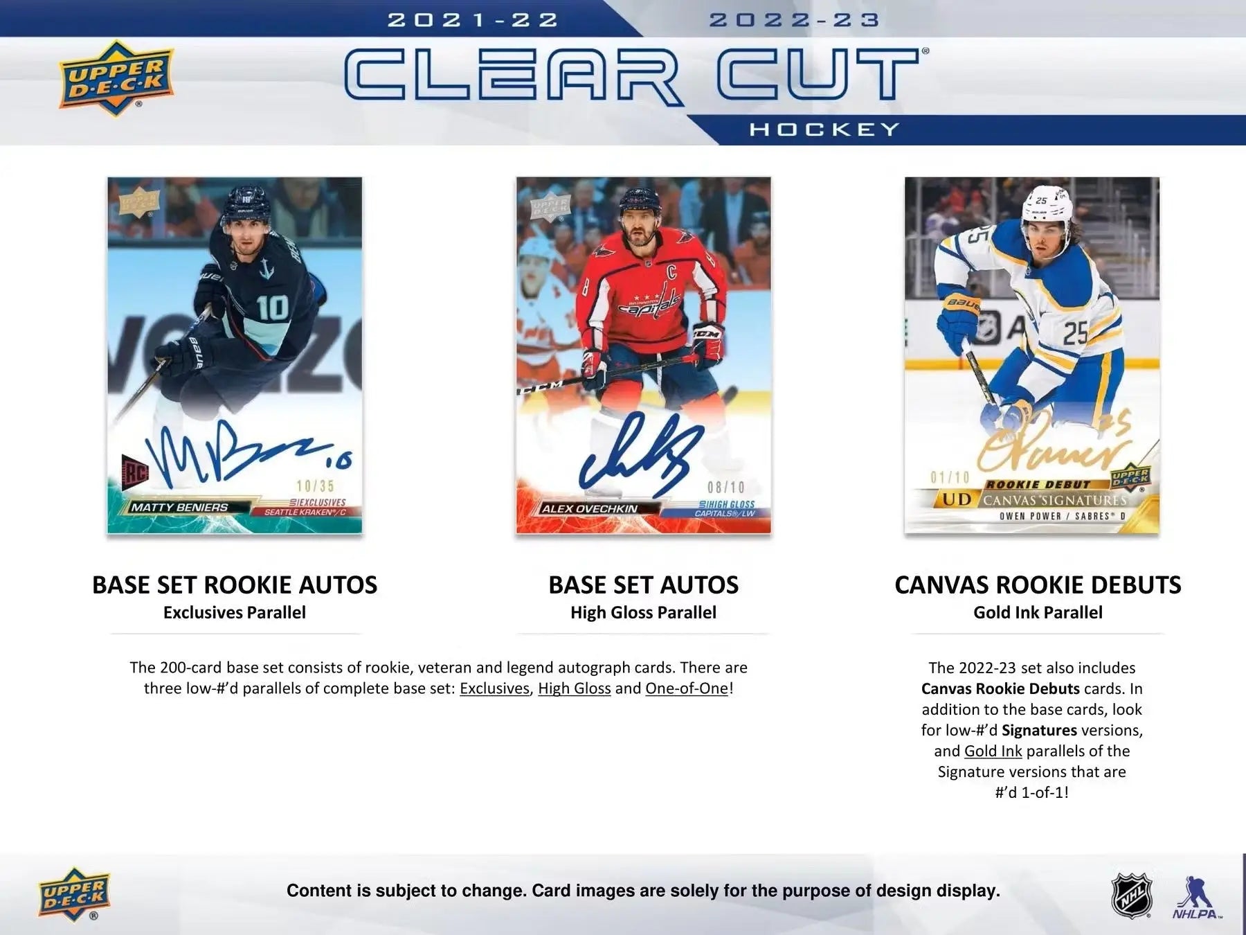 Hockey card product advertisement for 2022/23 Upper Deck Clear Cut Hobby Box featuring rookies autos and legends autos