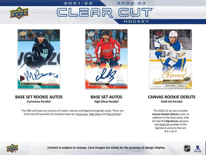 Hockey card product advertisement for 2022/23 Upper Deck Clear Cut Hobby Box featuring rookies autos and legends autos