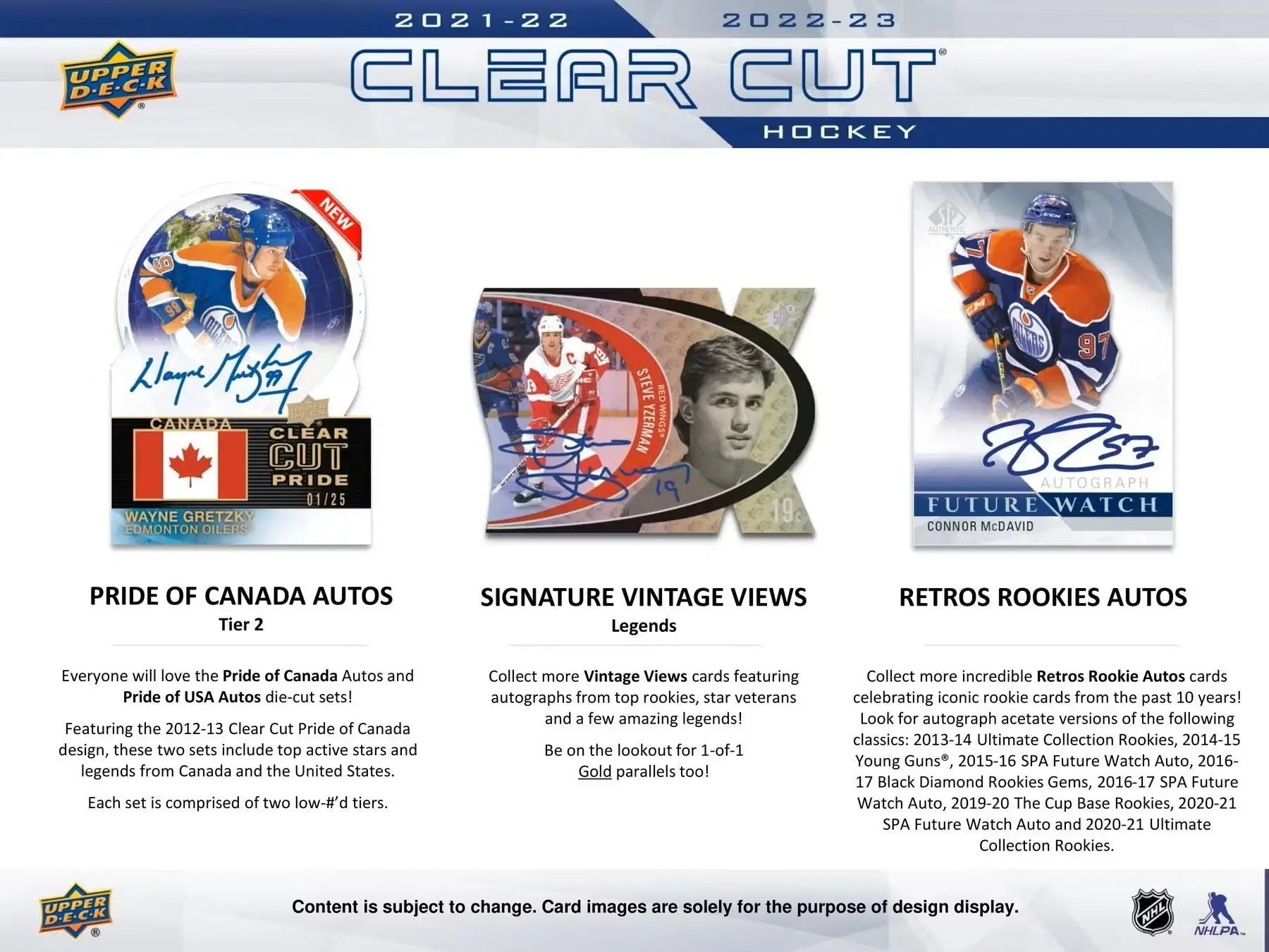 Hockey card product advertisement for 2022/23 Upper Deck Clear Cut Hobby Box featuring base set legends autos and rookies autos