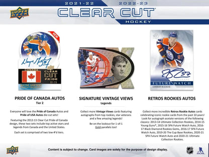 Hockey card product advertisement for 2022/23 Upper Deck Clear Cut Hobby Box featuring base set legends autos and rookies autos