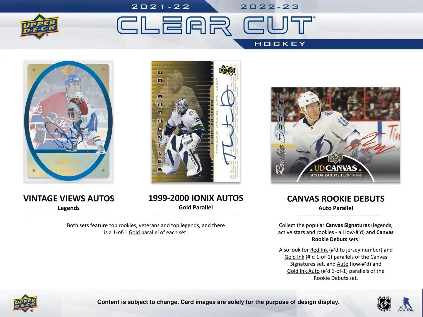 Hockey card product advertisement for 2022/23 Upper Deck Clear Cut Hobby Box featuring rookies autos
