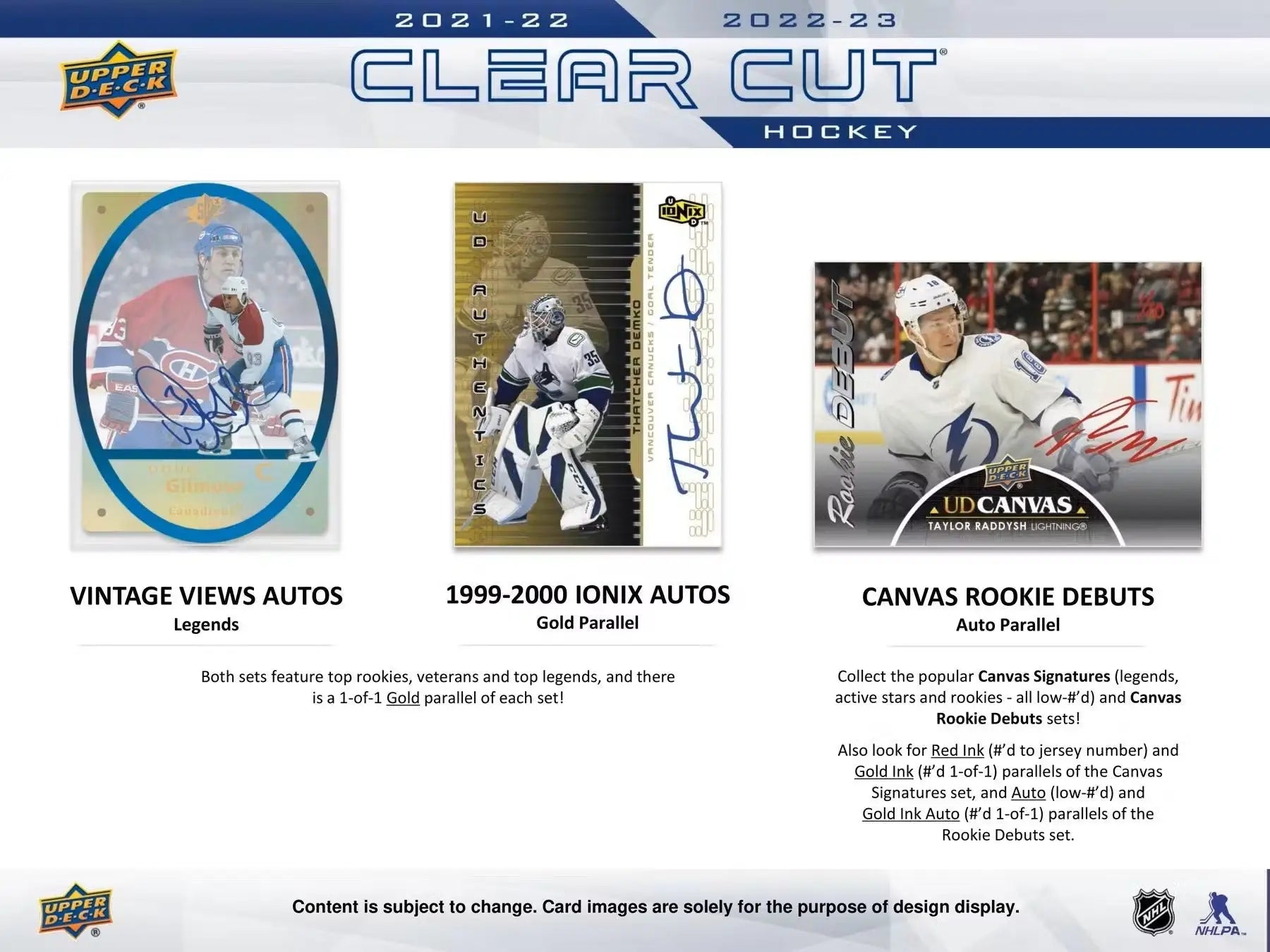 Hockey card product advertisement for 2022/23 Upper Deck Clear Cut Hobby Box featuring rookies autos