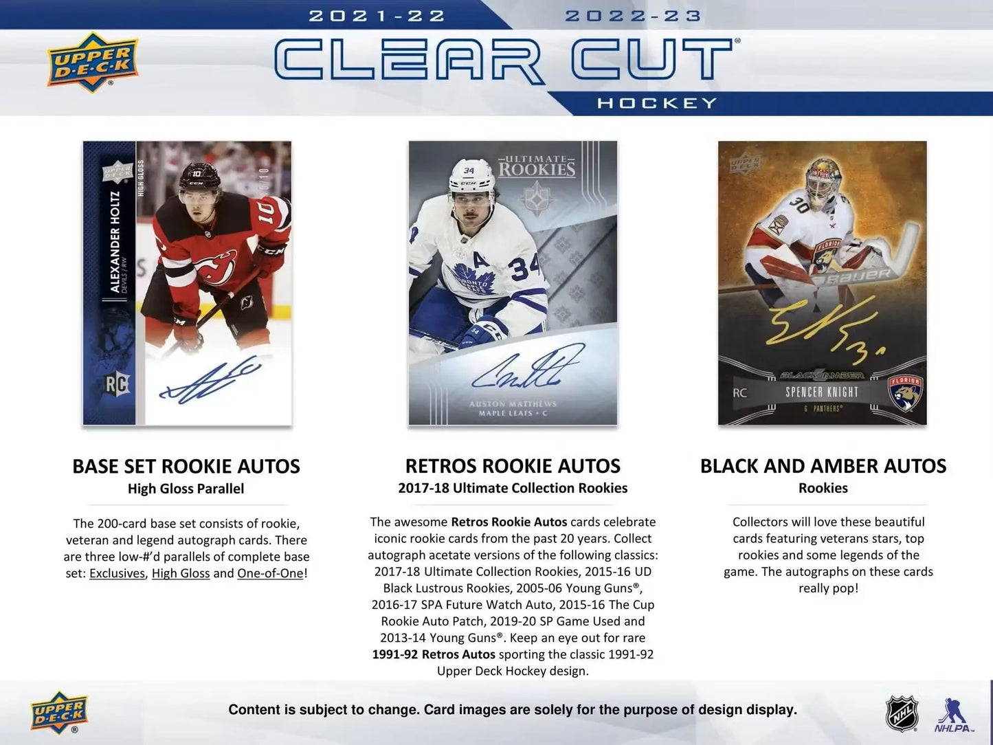 Hockey card collection advertisement featuring 2022/23 Upper Deck Clear Cut Hobby Box with base set, legends autos, and rookies autos