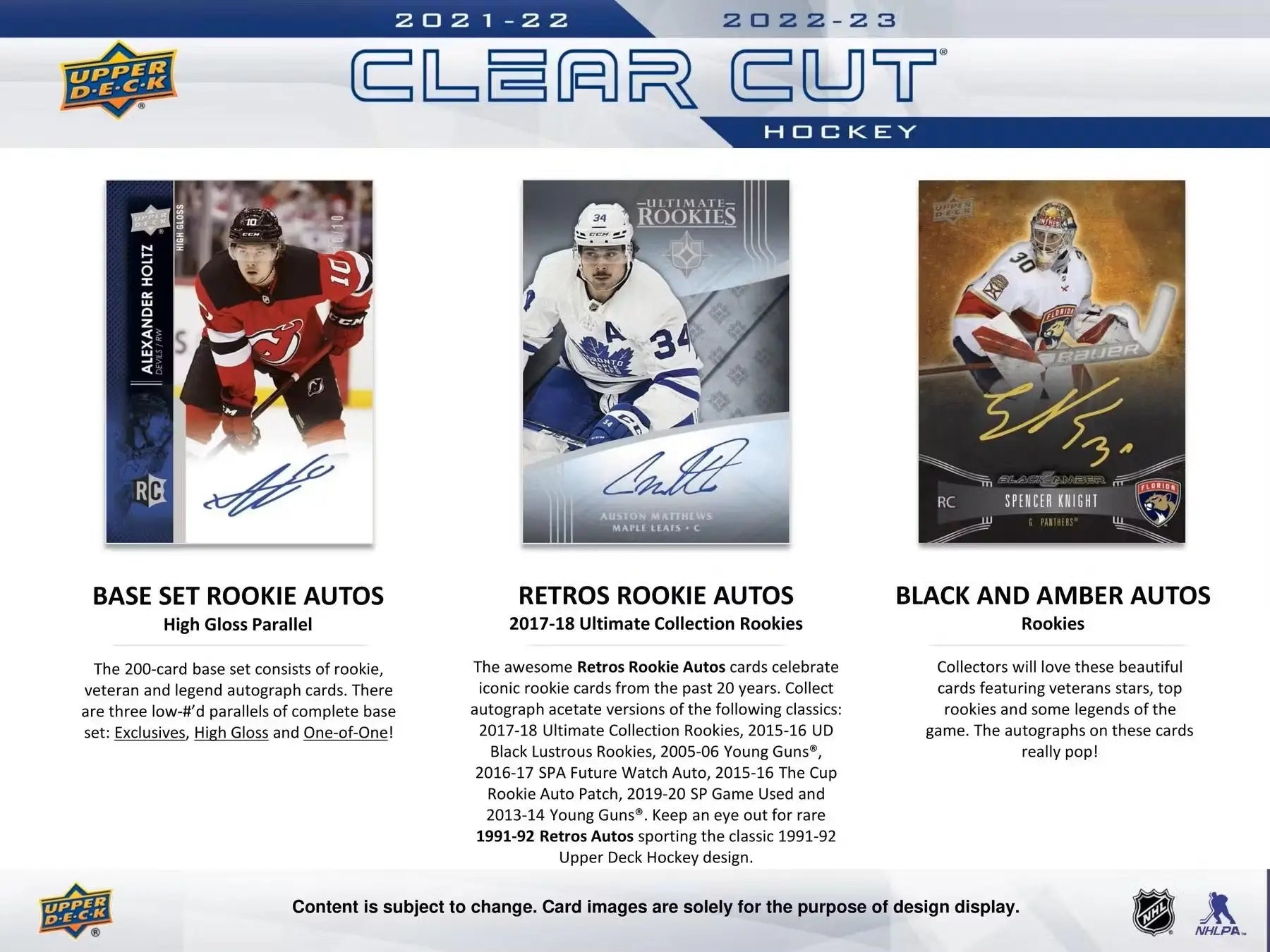 Hockey card collection advertisement featuring 2022/23 Upper Deck Clear Cut Hobby Box with base set, legends autos, and rookies autos