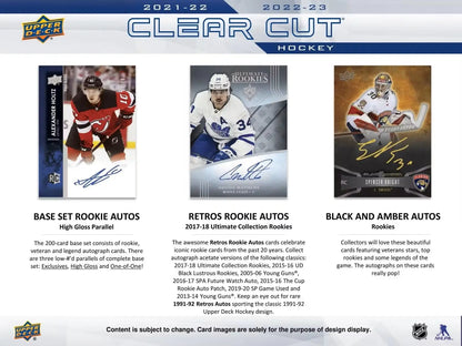 Hockey card collection advertisement featuring 2022/23 Upper Deck Clear Cut Hobby Box with base set, legends autos, and rookies autos