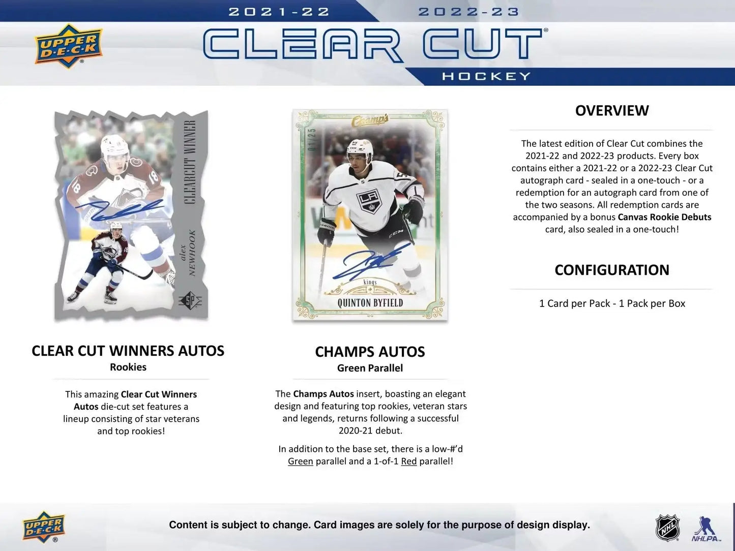 Hockey card product advertisement for 2022/23 Upper Deck Clear Cut Hobby Box featuring rookies autos
