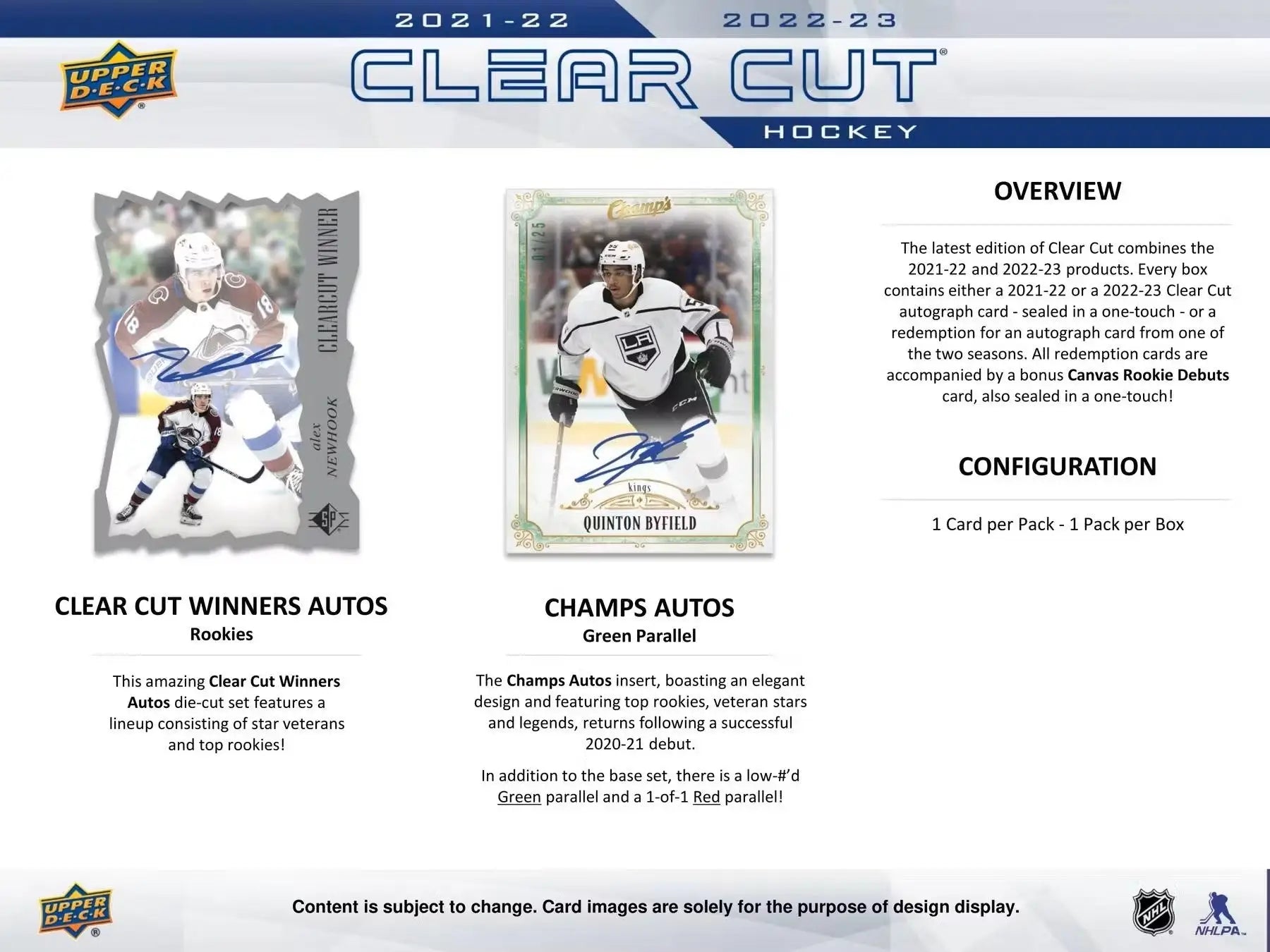 Hockey card product advertisement for 2022/23 Upper Deck Clear Cut Hobby Box featuring rookies autos