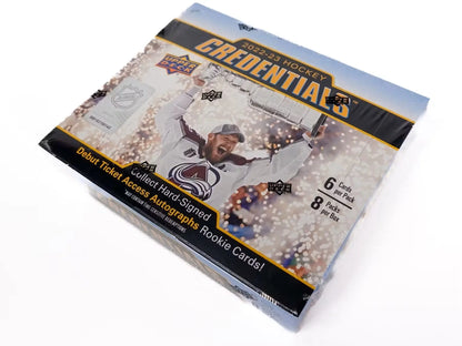 Sealed 2022/23 Upper Deck Credentials hockey hobby box with debut ticket access