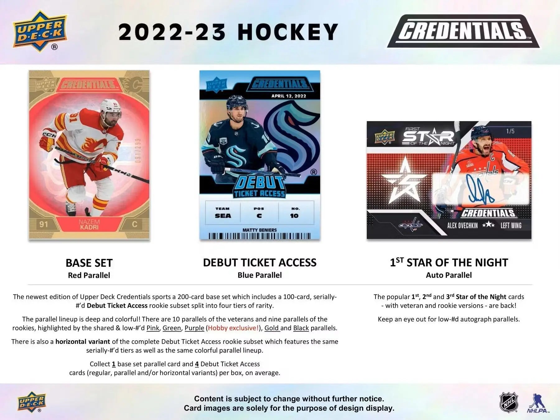 Hockey card product advertisement for 2022/23 Upper Deck Credentials Hobby Box with debut ticket access