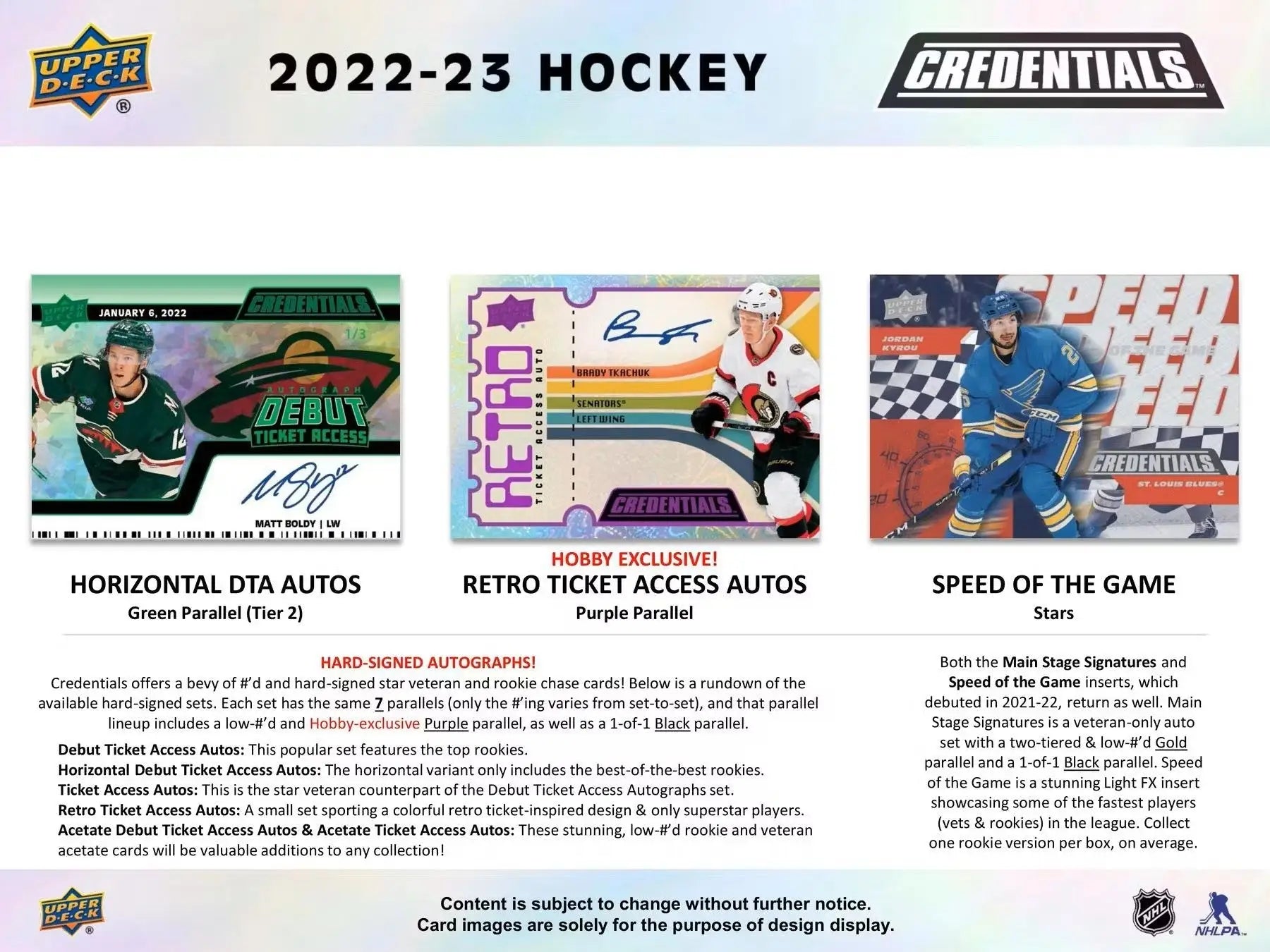 Hockey card advertisement for 2022/23 Upper Deck Credentials Hockey Hobby Box with debut ticket access