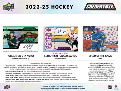 Hockey card advertisement for 2022/23 Upper Deck Credentials Hockey Hobby Box with debut ticket access