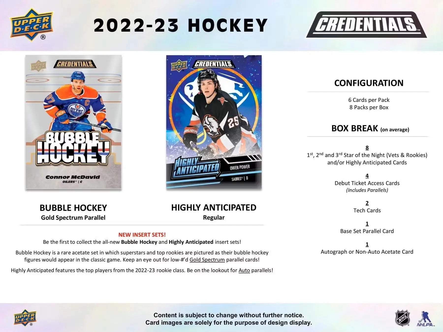 2022/23 Upper Deck Credentials Hockey Hobby Box with debut ticket access trading cards