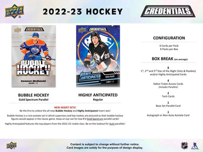 2022/23 Upper Deck Credentials Hockey Hobby Box with debut ticket access trading cards