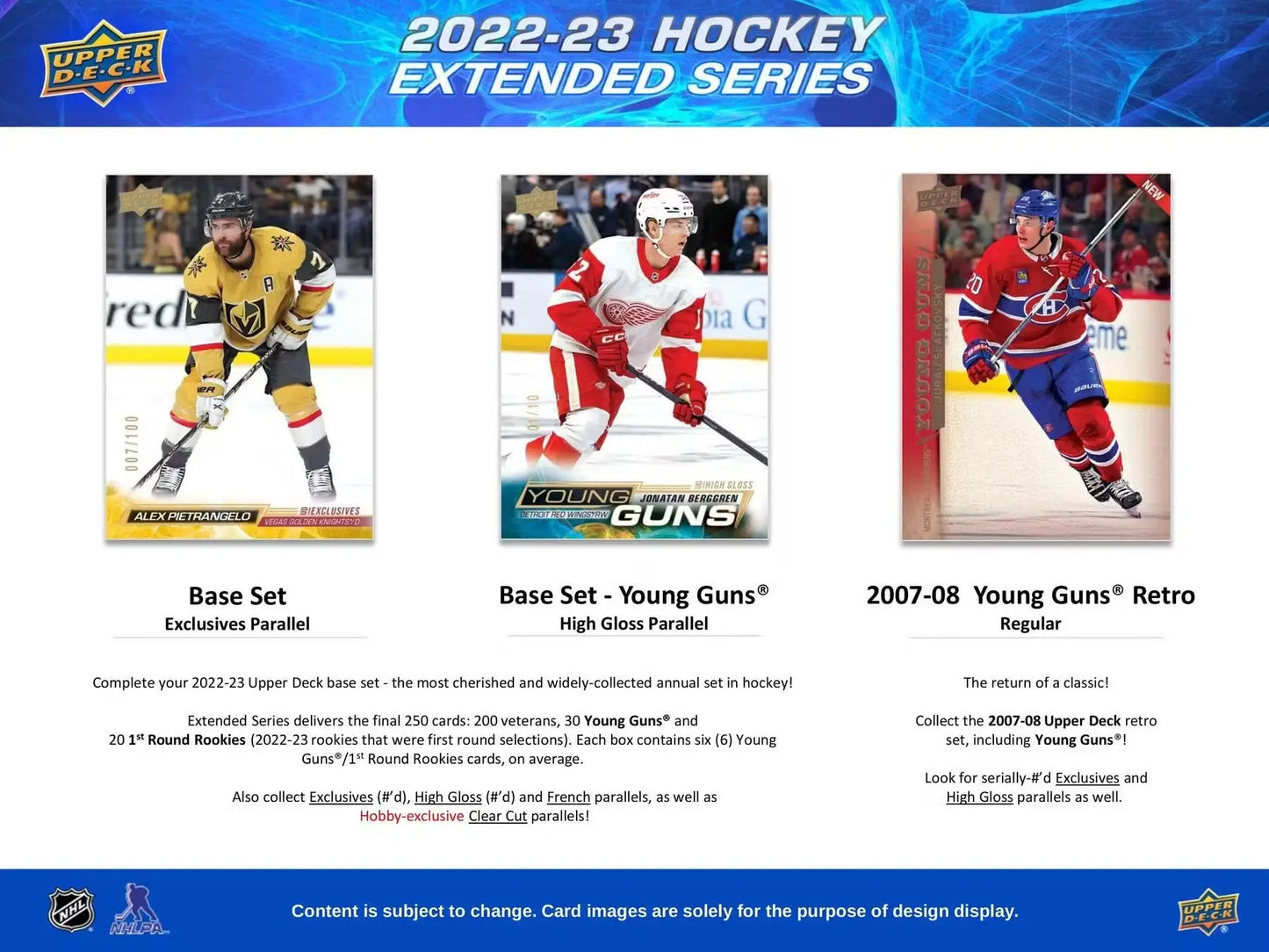 Hockey card product advertisement featuring 2022-23 Upper Deck Extended Series Black Diamond Young Guns hobby box