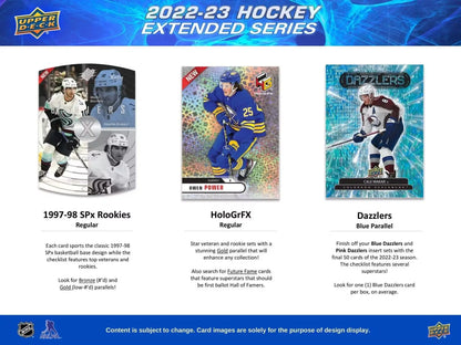 Hockey card product advertisement featuring 2022-23 Upper Deck Extended Series Black Diamond Young Guns Hobby Box