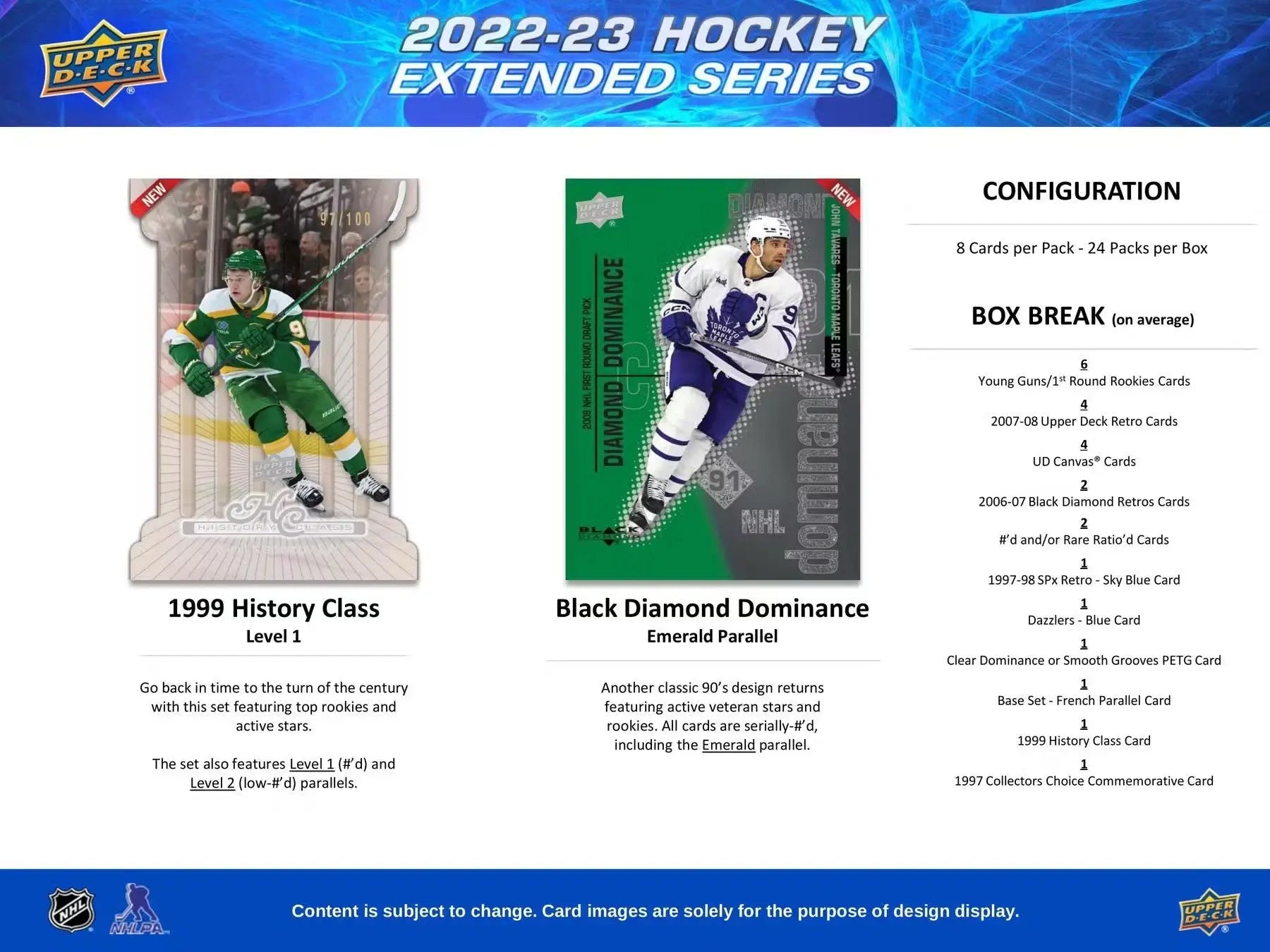 Hockey card product advertisement featuring 2022-23 Upper Deck Extended Series Black Diamond Young Guns Hobby Box