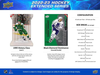 Hockey card product advertisement featuring 2022-23 Upper Deck Extended Series Black Diamond Young Guns Hobby Box