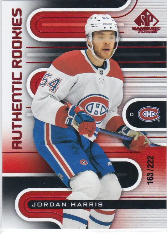 Hockey player card of Jordan Harris in Canadiens jersey, Upper Deck Game Used, Red Rookie