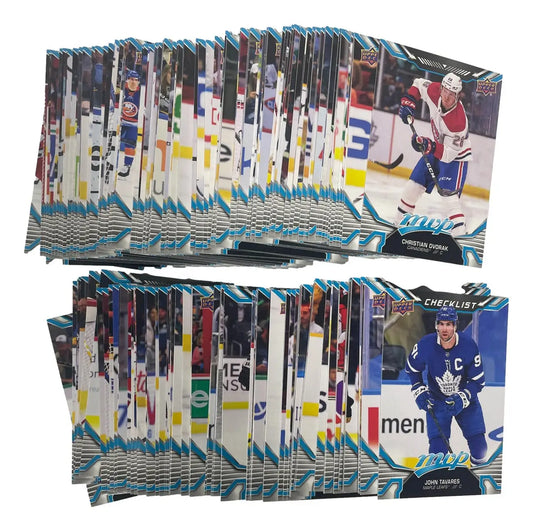 Stack of 2022-23 Upper Deck MVP Hockey Set trading cards with blue wave design