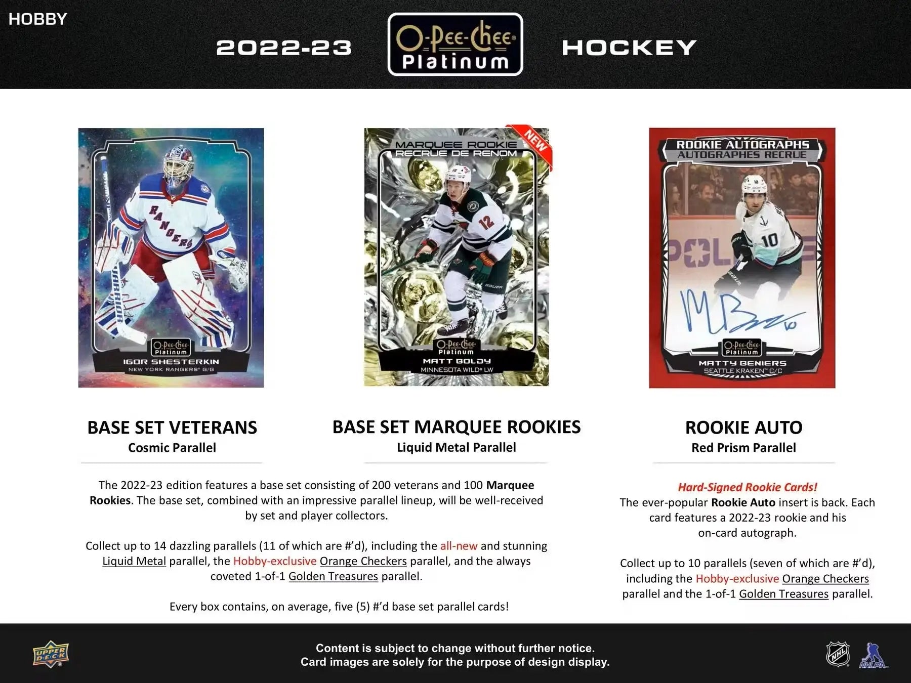 Hockey card product advertisement featuring 2022-23 Upper Deck O-Pee-Chee Platinum Hobby Box with base set and marquee rookies